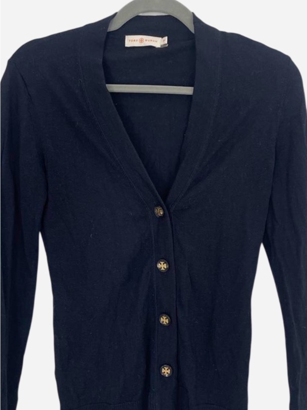 Tory Burch Navy V‑Neck Button Cardigan with Logo Buttons